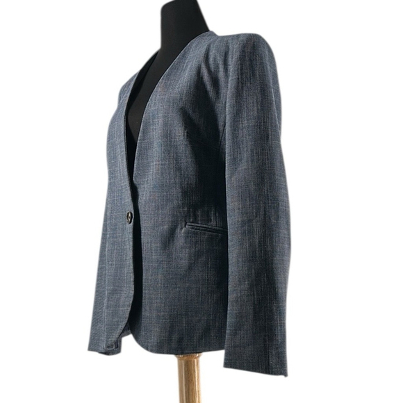 Zara Blazer single button blue/grey white thatched detail minimalist career sz 6 - Picture 2 of 8